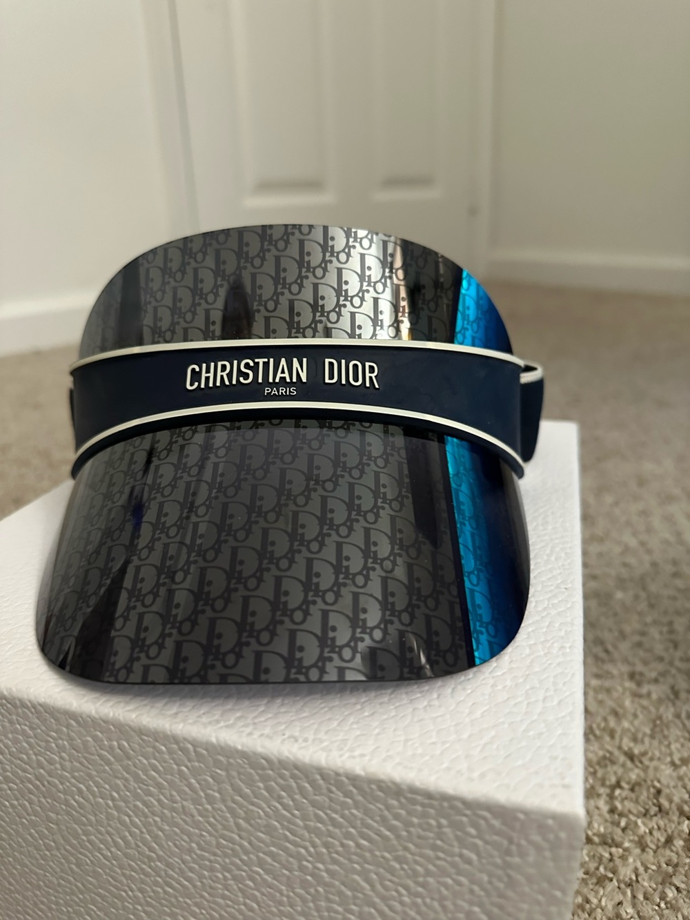 Christian Dior Blue & Black Visor Hat Box Included Excellent Condition Authentic